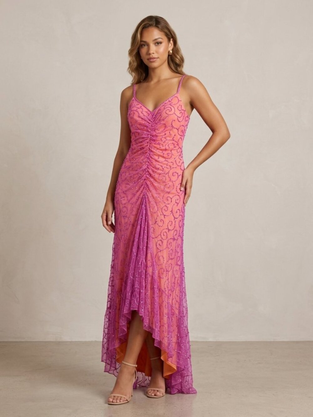 Morgan & Co. Pink Orange Ombre Glitter Swirl High Low Formal Prom XS/S